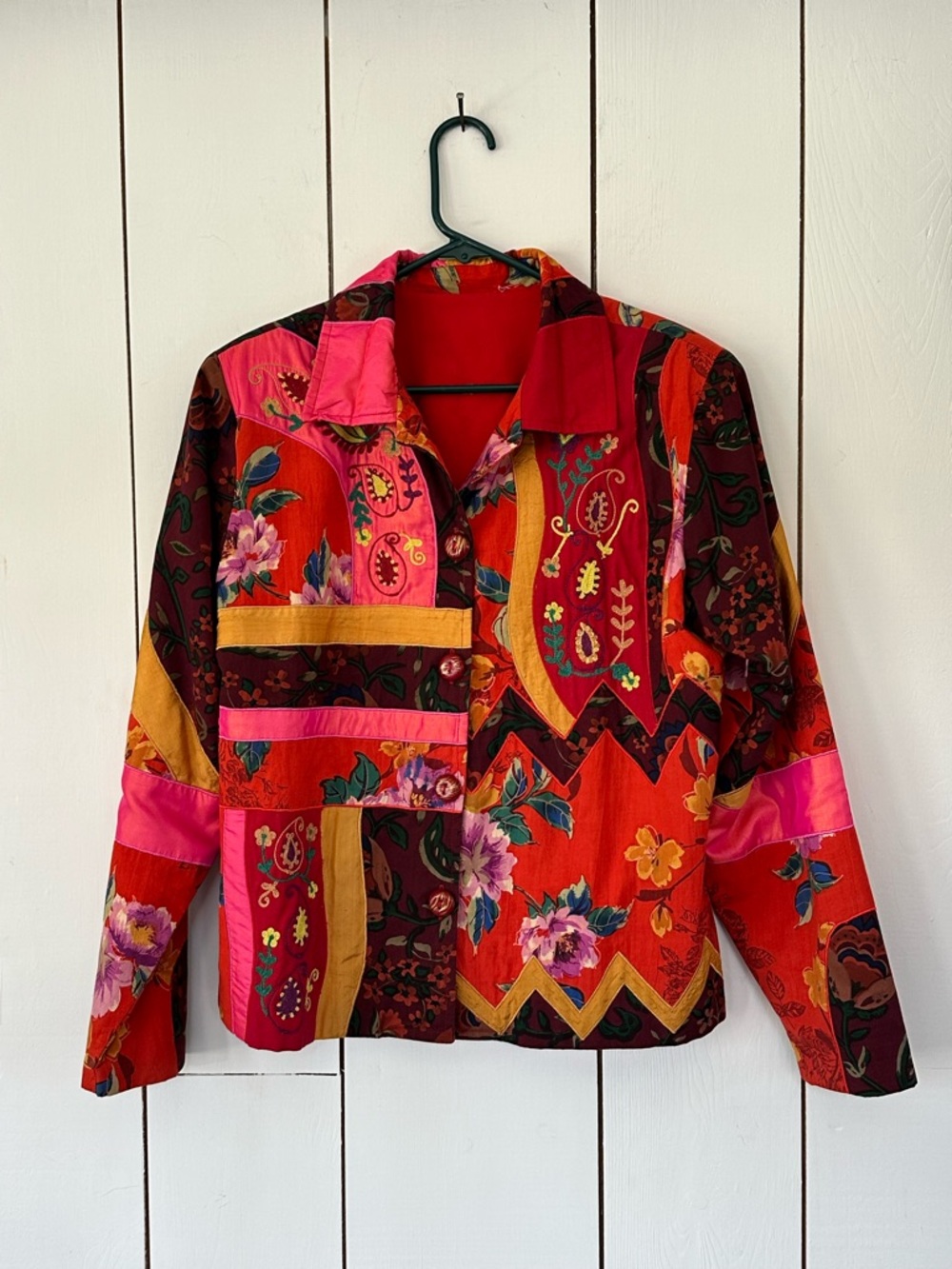 Vintage 90s Embroidered Patchwork Jacket Sz L Multicolor Art-to-Wear Maximalist